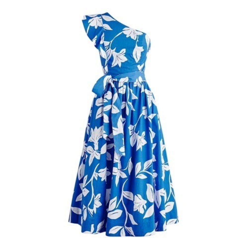 J.Crew One-Shoulder Midi Dress Womens 10 Blue White Floral Ruffle Hawaiian Beach - Picture 1 of 12